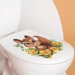 Close-up of cute squirrel and yellow daisy sticker applied on a white ceramic toilet lid