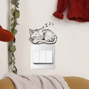 Minimalist sleeping cat wall sticker for light switch decoration with black sketch lines