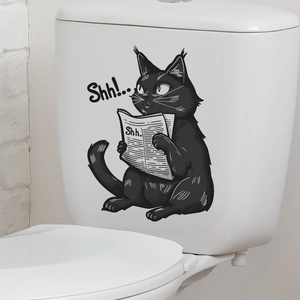 Waterproof black cartoon cat reading newspaper sticker for toilet tank decoration