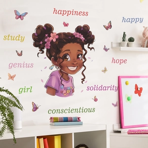 Sticker mural fille de dessin animé avec mots anglais motivants pour chambre d'enfant