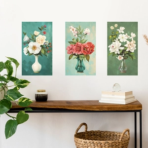 Lot de 3 stickers muraux fleurs peinture à l'huile vintage pour salon et chambre