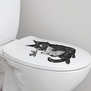 Funny black cat reading newspaper bathroom toilet lid sticker with Shh text detail