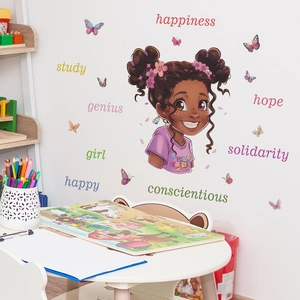 Vue détaillée du sticker mural MG-E011 fille cartoon avec papillons et slogans