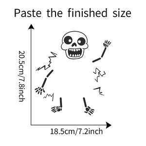 Dimensions diagram of a black skeleton DIY wall sticker showing height 20.5cm and width 18.5cm