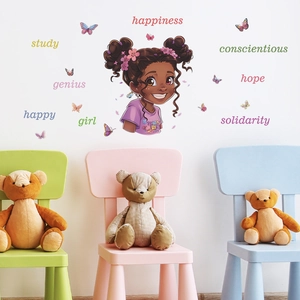 Stickers muraux fille de dessin animé avec papillons et slogans pour chambre d'enfant