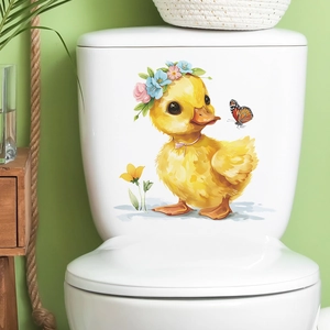 Niedliche Cartoon Gelbe Ente Blumenkranz Toilettenaufkleber Wasserdichtes PVC Wandtattoo Für Badezimmer Toilettendekoration