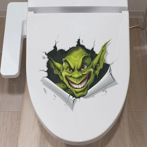 3D wall decal of green monster breaking through white toilet seat cover for Halloween decor