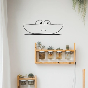Creative cartoon minimalist line wall sticker showing a cute face peeking over a wooden shelf