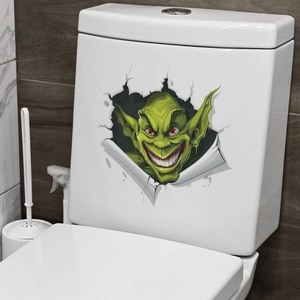 Detailed 3D visual effect of a green monster wall sticker peeling through the toilet lid