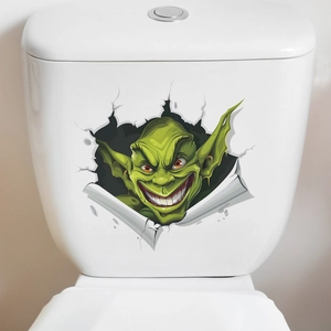 Detailed 3D wall sticker featuring a mischievous green monster breaking through a white surface