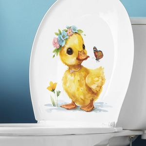 Niedliche Cartoon Ente und Schmetterling Aufkleber auf weißem Toilettendeckel Dekor