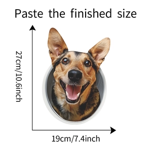 Detailed 3D German Shepherd toilet sticker dimensions showing 27cm by 19cm wall decal size