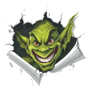 Detailed close-up of a 3D green monster toilet sticker breaking through a white wall texture