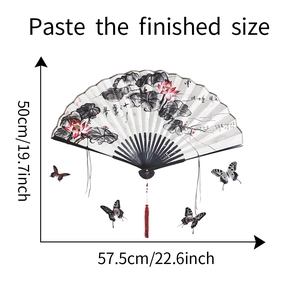 Chinese style lotus fan and butterfly wall decal set with dimensions 57.5cm x 50cm