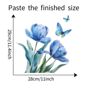 Détail de l'autocollant mural tulipe bleue et papillon avec dimensions de 28x29cm
