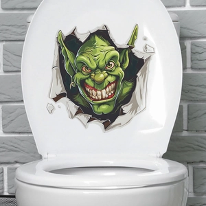 3D Halloween wall sticker featuring a green smiling monster breaking through toilet cover