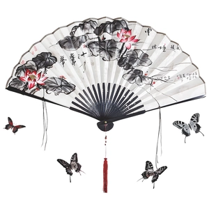 Chinese style folding fan wall decor with ink lotus painting and butterfly pendants