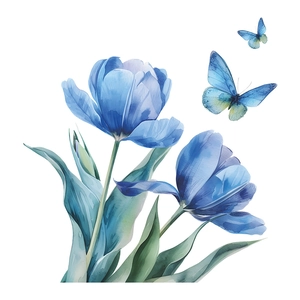 Stickers muraux tulipes bleues aquarelle avec papillons pour décor de salle de bain