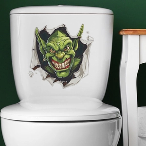 Detailed view of a 3D green monster decal breaking through the wall for bathroom decor