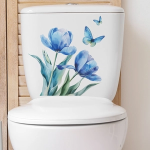 Sticker de Toilette Tulipe Bleue et Papillon Aquarelle Imperméable PVC Décalcomanie Murale de Salle de Bain Floral Décoratif