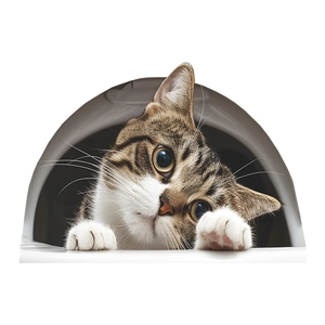 Lifelike 3D tabby cat wall sticker peeping out from a black hole for home decor