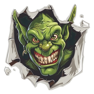 Detailed view of 3D green monster toilet sticker with realistic wall tearing effect