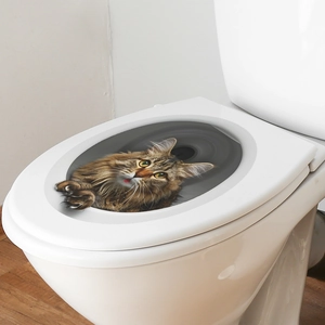 3D cat toilet lid sticker with a realistic brown tabby cat peering through a hole