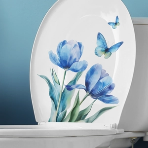Autocollant créatif de toilette avec tulipes bleues et papillons pour salle de bain