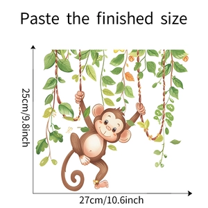 Cartoon monkey wall sticker size chart showing 27cm width and 25cm height for bathroom decor
