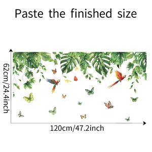 Tropical wall sticker dimensions showing parrot and palm leaves design at 120cm by 62cm size