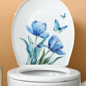 Sticker aquarelle de tulipes bleues et papillons pour décor de couvercle de WC