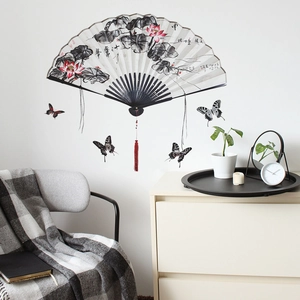 Traditional Chinese style fan wall sticker with lotus, butterflies and red tassels