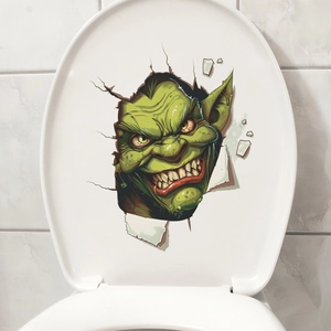 3D realistic green monster toilet lid sticker with broken wall effect for bathroom