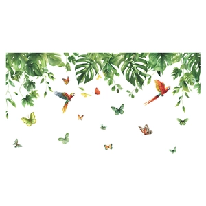Tropical wall stickers with monstera leaves, colorful parrots and butterflies for living room