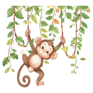 Cute cartoon monkey swinging on green vines wall sticker for bathroom decor
