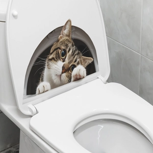 Detailed 3D cat wall sticker showing a brown tabby kitten peeking from a toilet cover