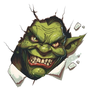 Detail of creative green monster wall sticker with realistic 3D cracked wall effect