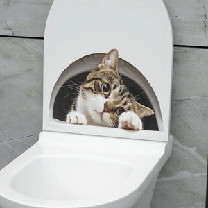3D realistic tabby cat sticker on a white toilet lid for bathroom wall decoration