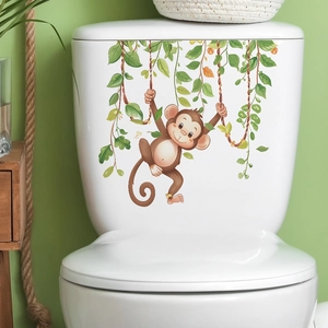 Cartoon Monkey Swinging On Vines Toilet Sticker Waterproof PVC Removable Wall Decal For Bathroom Restroom Home Decoration
