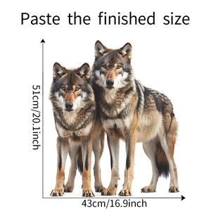 Detailed wall sticker layout showing dimensions of two gray wolves side by side
