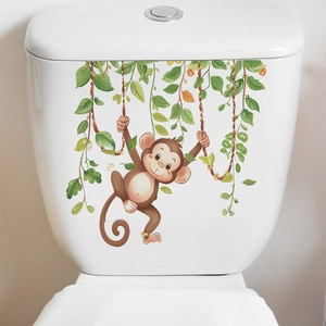 Cartoon monkey on green vine sticker decor for bathroom toilet and wall surface