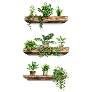 MG-F040 kreative Wandsticker mit 3D Holzregalen und grünen Topfpflanzen Deko