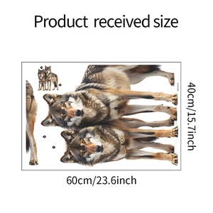 Detail view showing a 60x40cm sheet with realistic wolf family wall stickers and dimensions
