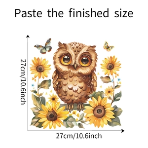 Detail of cartoon owl and sunflower wall sticker showing the 27x27cm finished size
