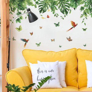 Tropical monstera leaves wall stickers with parrots and butterflies for living room decor