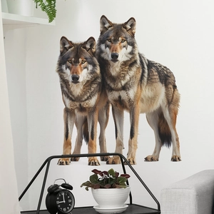 Detailed close-up of realistic gray wolf wall stickers in a modern home living room decor