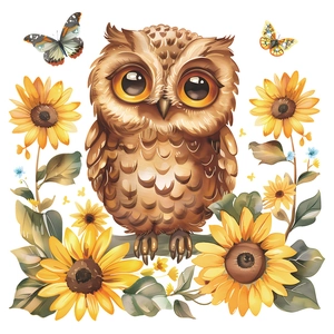 Cartoon owl and sunflower wall sticker for bathroom decor with butterflies