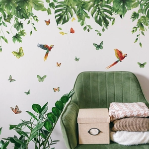 Tropical wall stickers with monstera leaves parrots and butterflies for living room decor