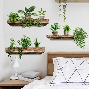 3D Realistische Pflanzentattoo Wandaufkleber auf Holzregalen für Schlafzimmer Deko