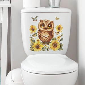 Cute cartoon owl and sunflower waterproof self-adhesive bathroom wall sticker for toilet tank